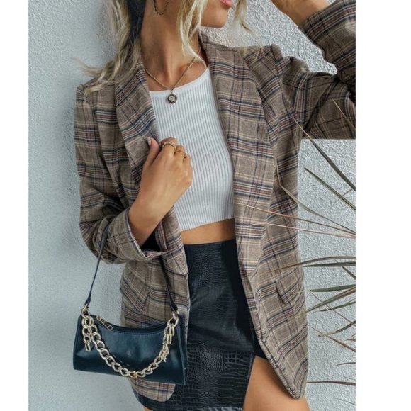 Plaid Flap Detail Shawl Collar Blazer Jacket work office Business Chic - Picture 13 of 16